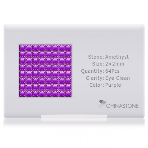 A perfectly calibrated lot of 64 high-precision cut natural amethyst gemstones, which are secured in a purpose-built box and accompanied by a Certificate of Authenticity. Each square shaped stone on average weighs 0.05 carat, measuring 2mm in length, 2mm in width and 1.36mm in depth, and features an exceptional princess cut and finish, along with an absolute minimum variance of color difference.