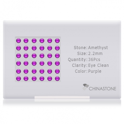 A perfectly calibrated lot of 36 high-precision cut natural amethyst gemstones, which are secured in a purpose-built box and accompanied by a Certificate of Authenticity. Each round shaped stone on average weighs 0.06 carat, measuring 2.2mm in length, 2.2mm in width and 1.43mm in depth, and features an exceptional cabochon cut and finish, along with an absolute minimum variance of color difference.